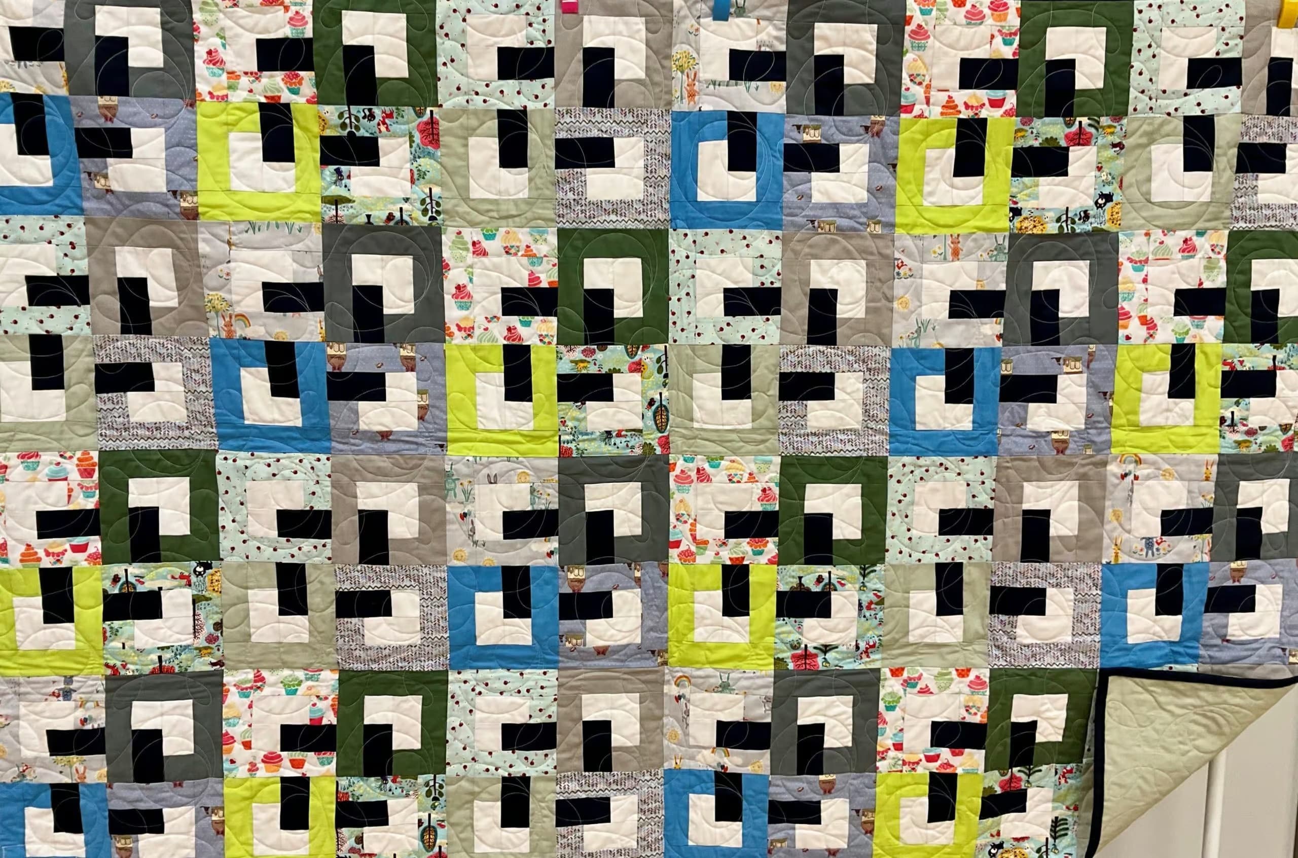 Green, blue and grey squares